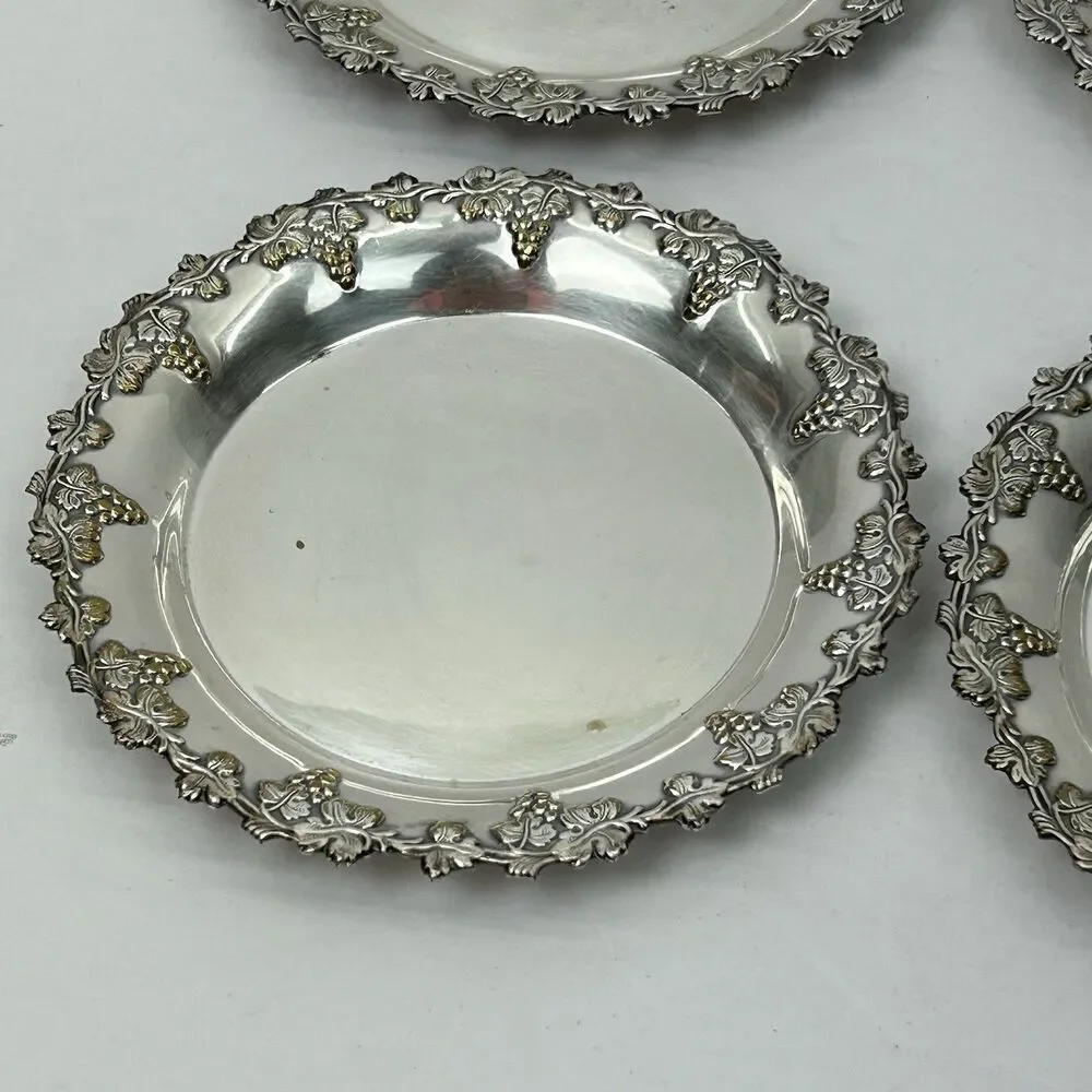 Silver Plated Beverage Coaster Set Of 4 Grapes Ornate Decor Drinks Trinket Bar